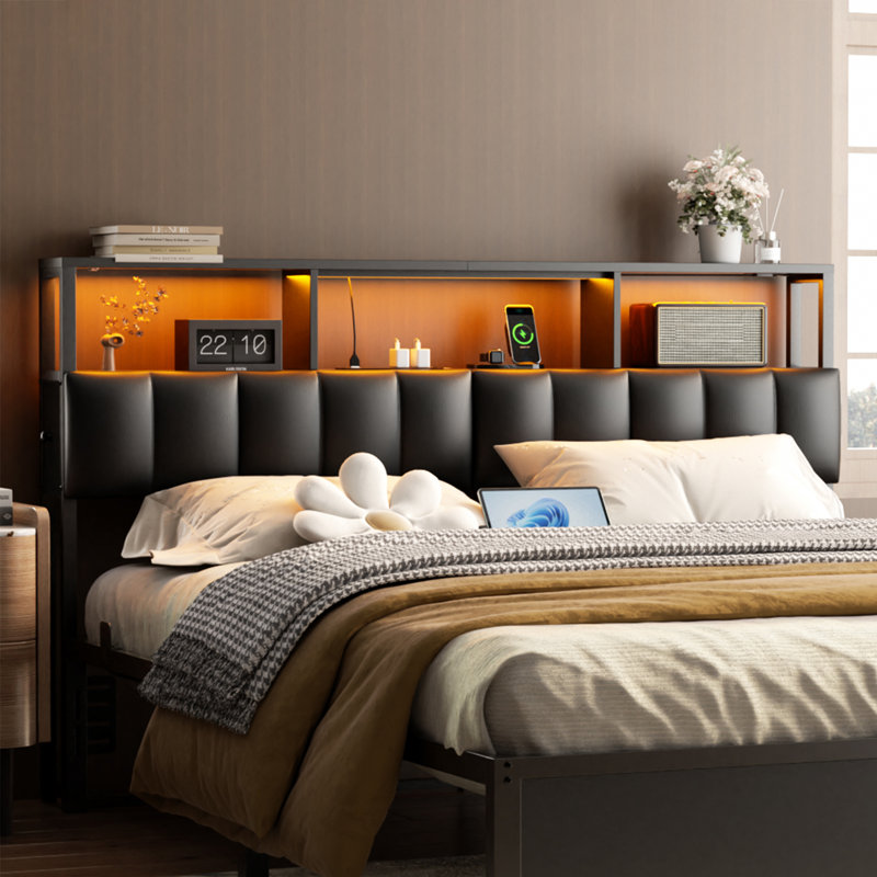 Image showcasing Wrought Studio™ Kulthum Upholstered Headboard with Storage Bags ...